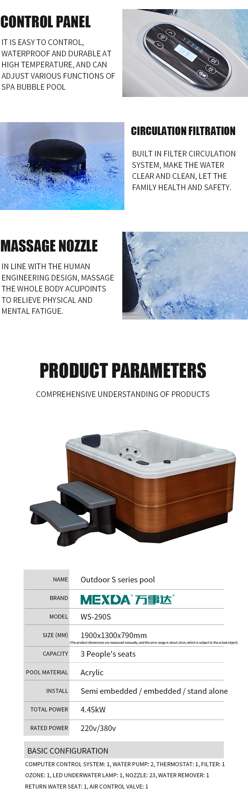 CE Certified Outdoor Jacuzzi Massage SPA with 2 Seats and 1 Lying