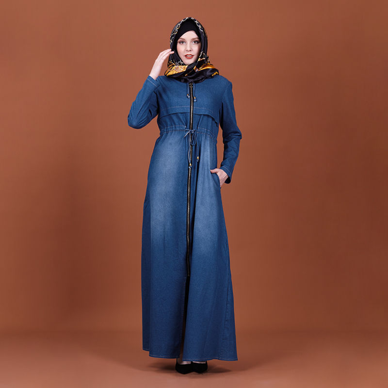 Modern Islamic Clothing Turkey Zipper Long Sleeve Loose Long Denim Dress with Pocket