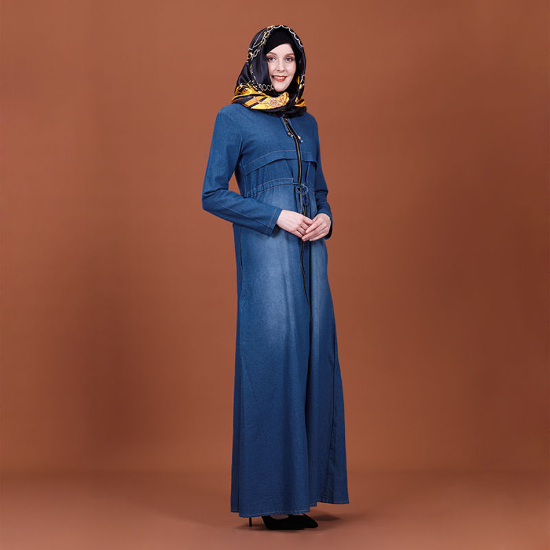 Modern Islamic Clothing Turkey Zipper Long Sleeve Loose Long Denim Dress with Pocket