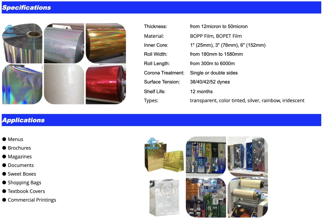 Iridescent Plastic Roll BOPP Pet Based Material Laminated Holographic Iridescent Film for Printing and Packaging
