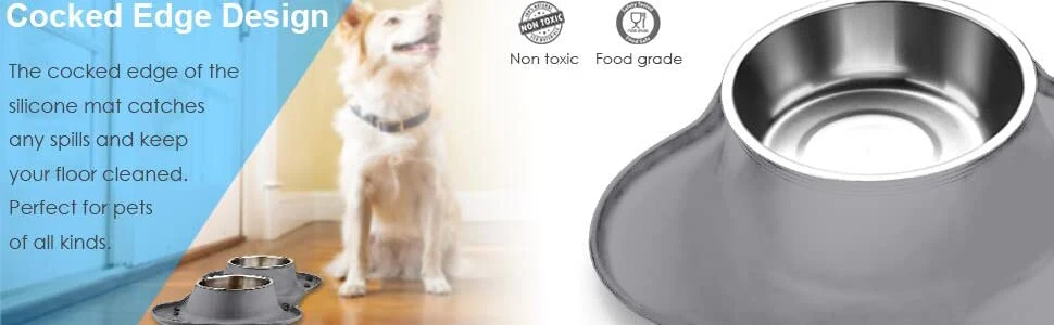 Dog Bowls Double Stainless Steel Pet Bowl with No-Spill Silicone Mat Silicone Pet Food Bowl