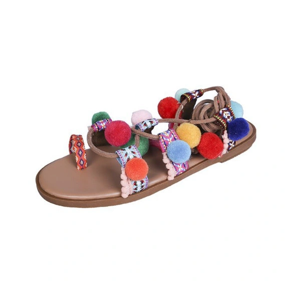 Lace-up POM POM Sandals - POM POM Gladiator Sandal- Boho Gypsy Style POM-POM Gladiator Sandals-Wholesale