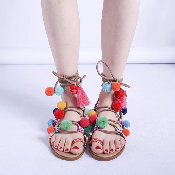 Lace-up POM POM Sandals - POM POM Gladiator Sandal- Boho Gypsy Style POM-POM Gladiator Sandals-Wholesale