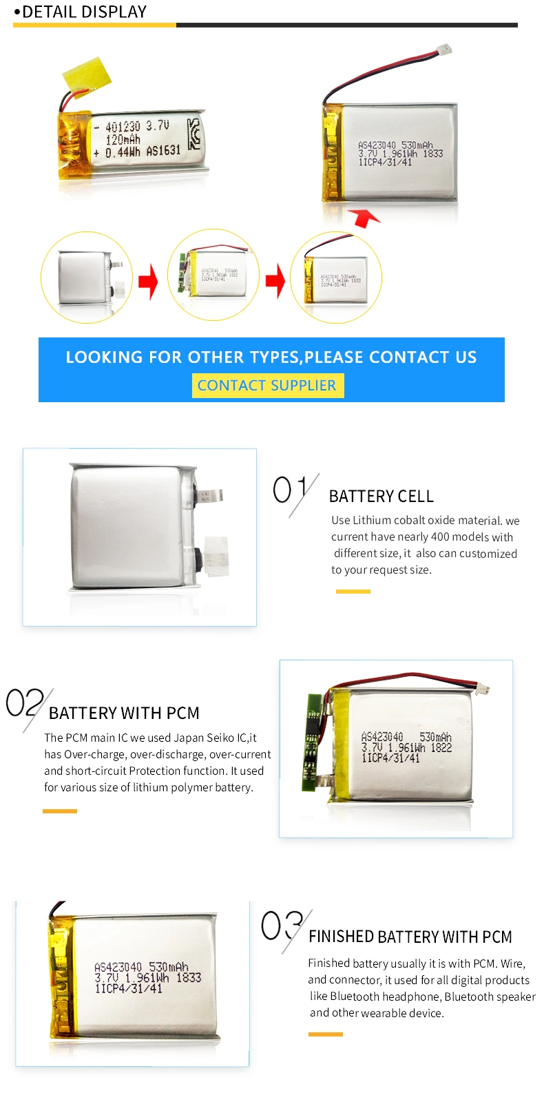 Hottest UL1642, IEC62133, Un38.3 3.7V 603450 1050mAh Lithium Polymer Battery for Wearable Devices