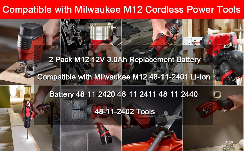 M12 12V 3.0ah Waitley Replacement Battery Compatible with Milwaukee M12 48-11-2401 Li-ion Battery 48-11-2420 48-11-2411 48-11-2440 48-11-2402 Tools