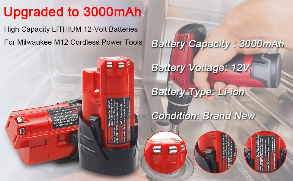 M12 12V 3.0ah Waitley Replacement Battery Compatible with Milwaukee M12 48-11-2401 Li-ion Battery 48-11-2420 48-11-2411 48-11-2440 48-11-2402 Tools