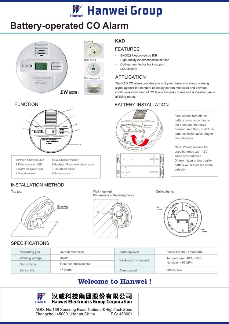 Domestic Carbon Monoxide Detector Co Alarm with Battery (KAD)