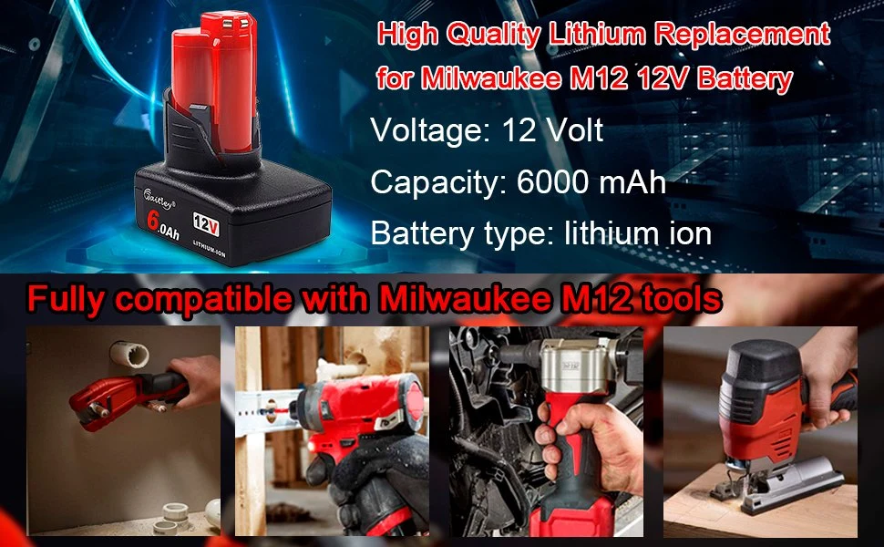 M12 6.0ah 12V Replacement Battery Compatible with Milwaukee M12 48-11-2401 Li-ion Battery 48-11-2420 48-11-2411 48-11-2440 48-11-2402 Tools