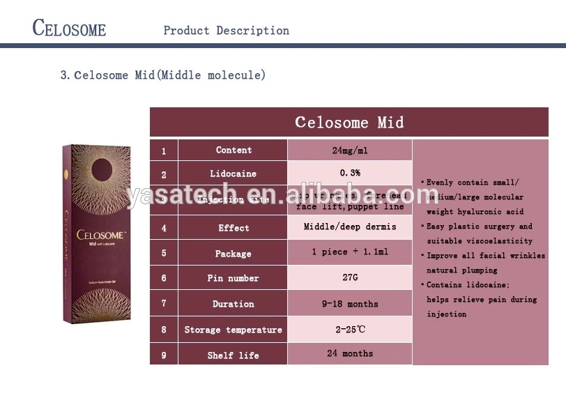 CE Approved Celosome 1.1ml Anti Aging Acid Hyaluronic Dermal Filler, Acid Hyaluronic Injection with 0.3% Lido