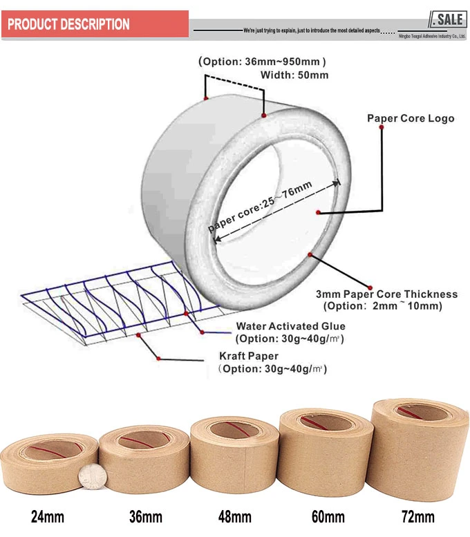 Easy Tear Brown Water Activated Kraft Paper Tape for Carton Sealing