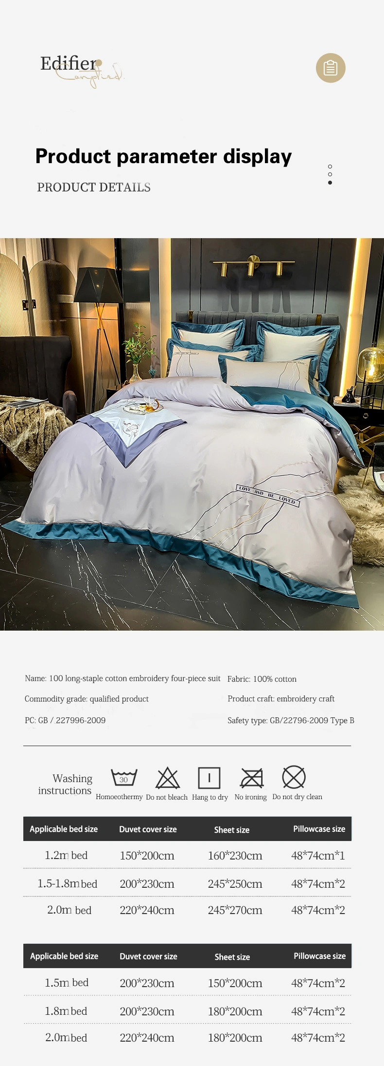 100% Cotton Bed Sheet Set Solid Color Embroidered Sleeping King Size Bed Set