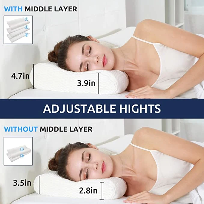 Sandwich Pillow, Adjustable Memory Foam Pillow, Bamboo Pillow for Sleeping, Cervical Pillow for Neck Pain, Neck Support for Back, Stomach, Side Sleepers, Orthop