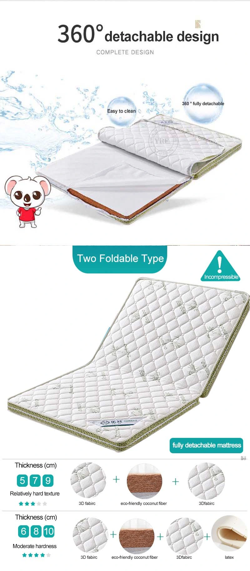 Home Foam Sleeping Tatami Triple Folded Detachable Washable 18cm Single Bed