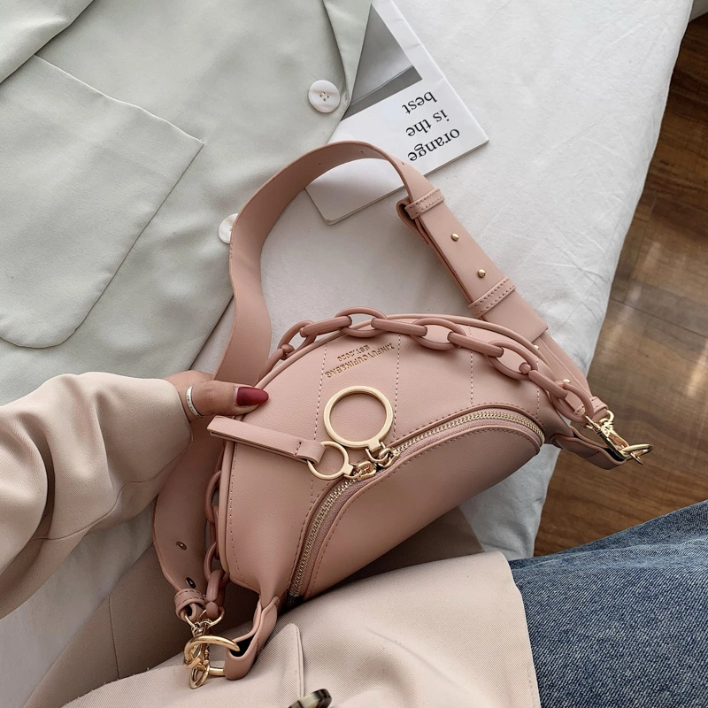 Women PU Leather Messenger Bag Letter Chains Chest Handbag Wide Straps Clutches Shoulder Hobo Bag
