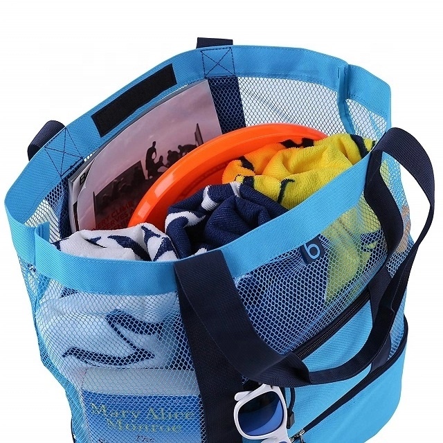 Large Size Promotional Travel Beach Camping Mesh Shoulder Tote Beach Bag with Insulated Picnic Cooler Bag