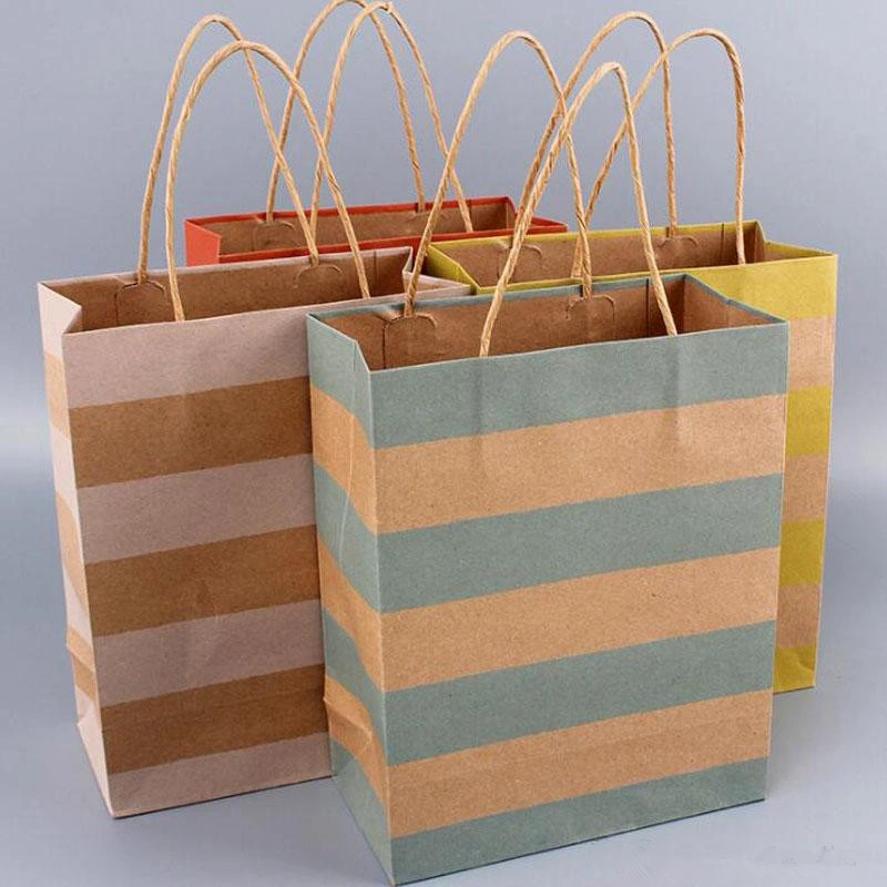 Festival Gift Bag Shopping Bags Multifunction Fashion Stripe Kraft Paper Present Bag with Handles