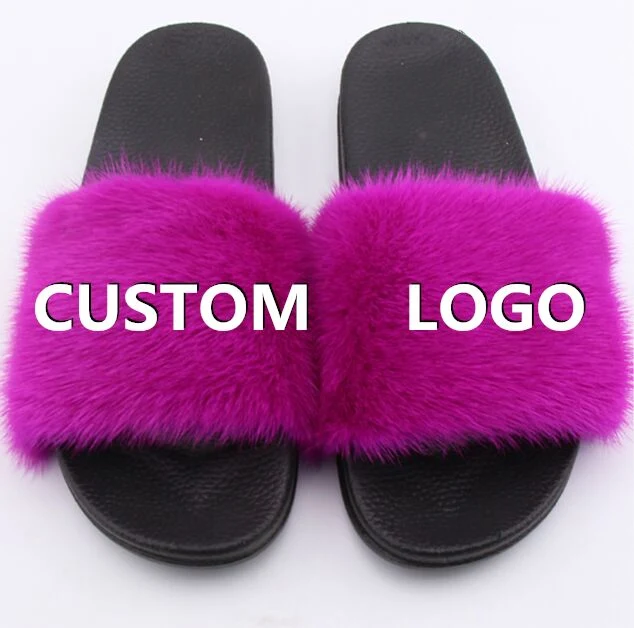 Custom Logo Ladies Warm Real Mink Fur Sandal Indoor Slippers Slides