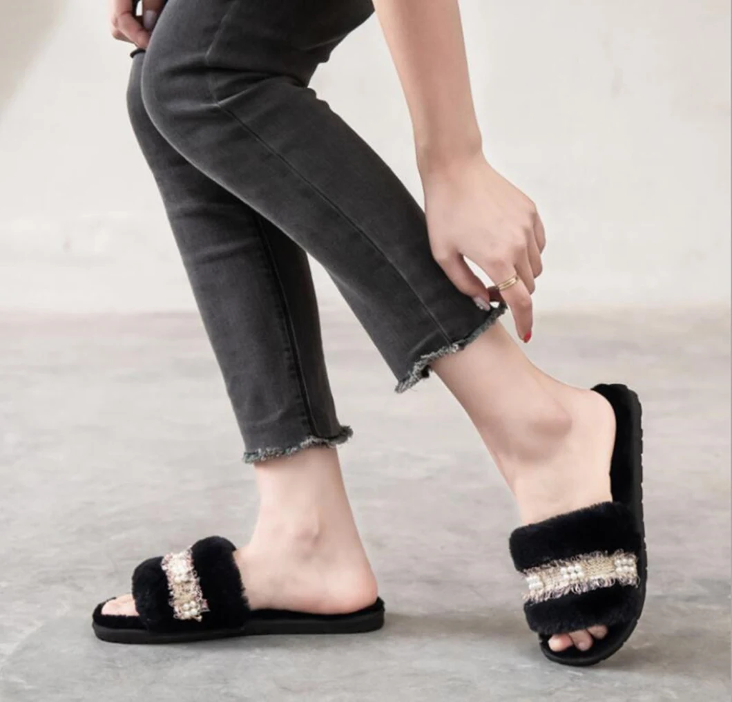Open Toe Slippers Diamond Accessory Women's Fur Slider Sandal Plush Indoor Casual Slippers Shoes