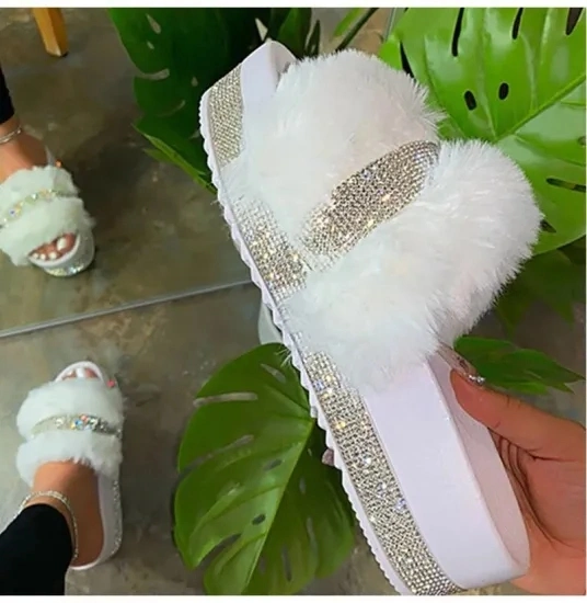 Custom Logo Ladies Fashion Big Faux Furry Plush Sandals Wholesale Women PVC Fur Slides Slippers