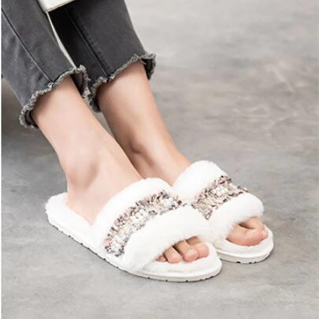 Open Toe Slippers Diamond Accessory Women's Fur Slider Sandal Plush Indoor Casual Slippers Shoes