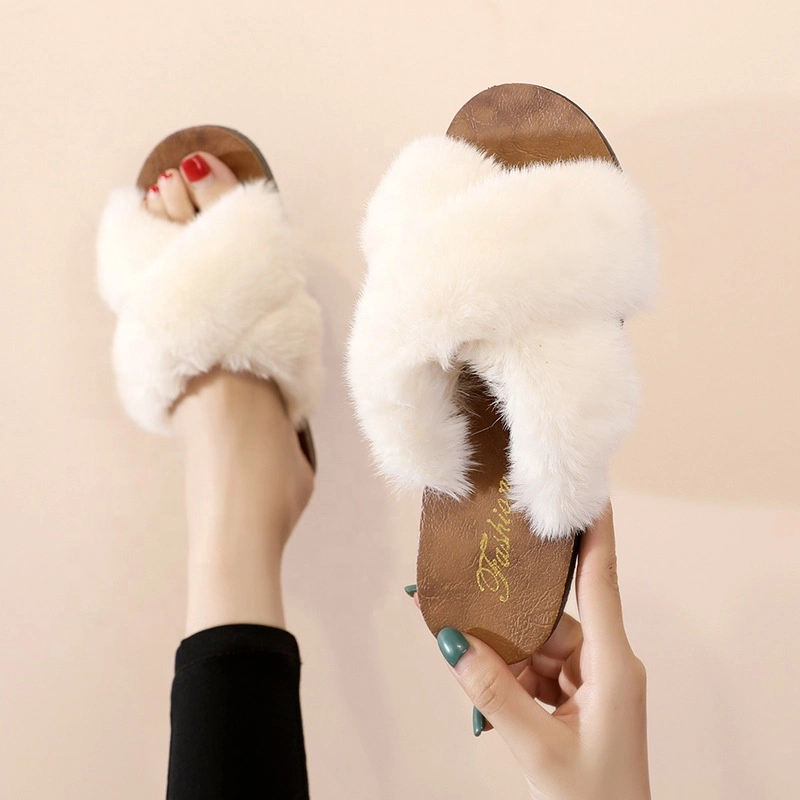 2020 Ladies Fashion Fuzzy Fluffy Fur Cross Upper Plush Outdoor Indoor Slipper Sandals