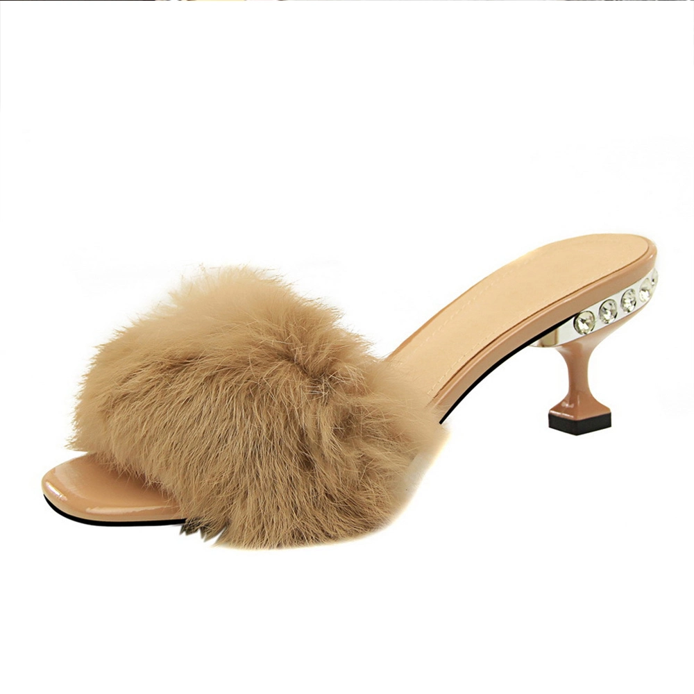 Superstarer Decorate Elegant Fashion Footwear Slide Slippers with Rhinestone High Heels Furry Fur Womens Sandals