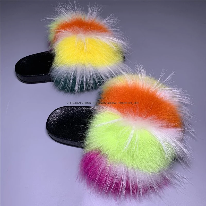 Women Fur Slides Slippers /Outdoor Soft Fur Flip Flop Furry Sandals Real Fox Fur Slippers