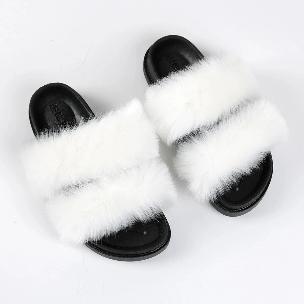 Women Wholesale Fashion Fur Slippers, Two Straps Fluffy Slides for Ladies, Women House Slippers