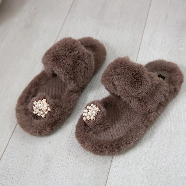 Wholesale Fur Slippers for Lady Pearl Decoration Furry Slide Sandals Warm Autumn Outdoor Slippers