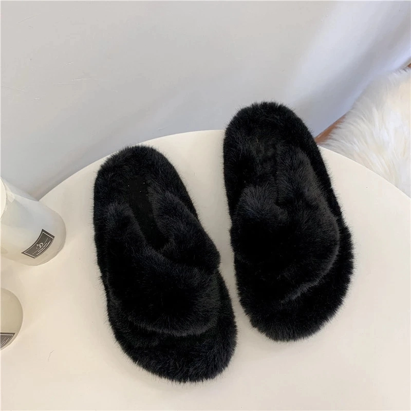 Ladies House Slippers Bunny Fur Slides, Vegan Fur Slippers Sandals with Straps Women Fur Slides