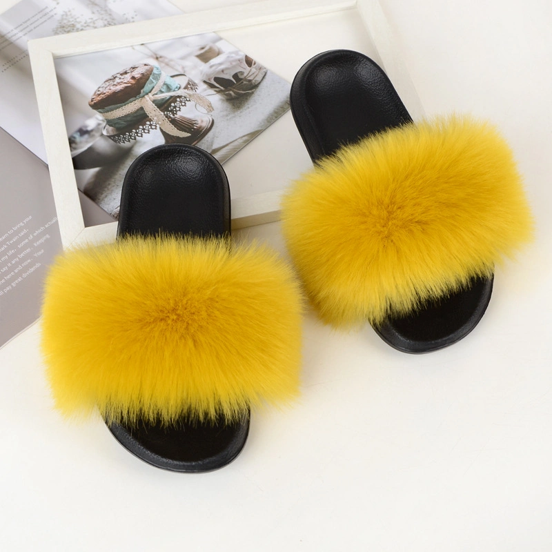 Indoor Slippers Soft Raccoon Fur Slides Ladies Shoes Sandals Fox Fur Slides for Women