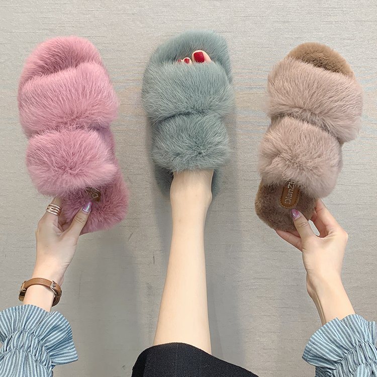 Two Strap Women Fashion Plush Slides Outdoor Flat Furry Sandals Wholesale Fur Slippers for Lady