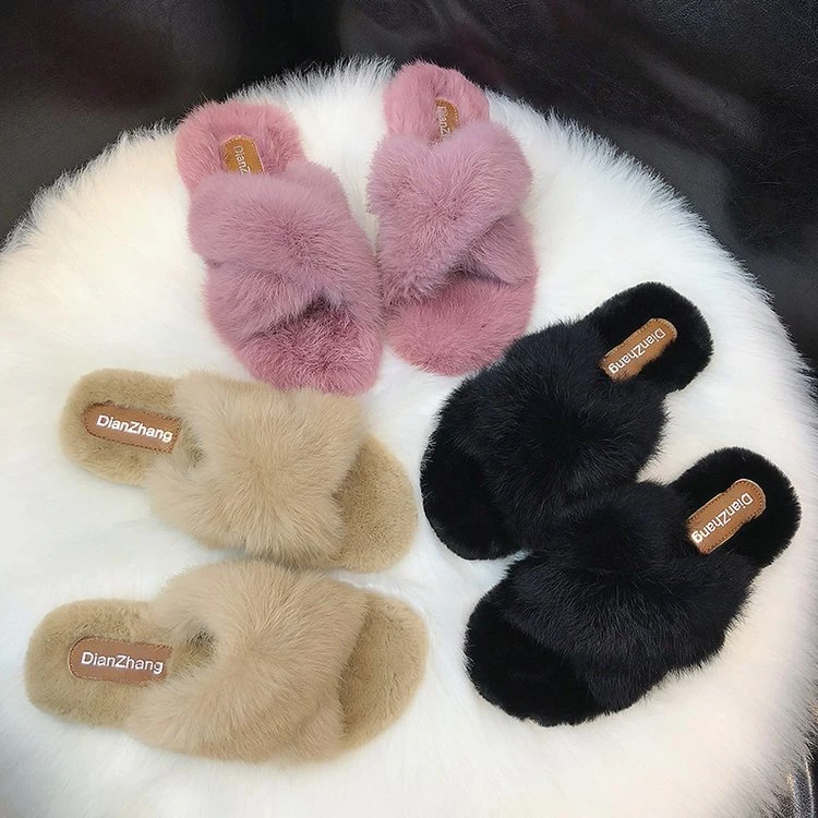 Custom Logo Wholesale Fur Slippers Laides Cross Band Plush Slides Sandals Cheap Furry Slippers