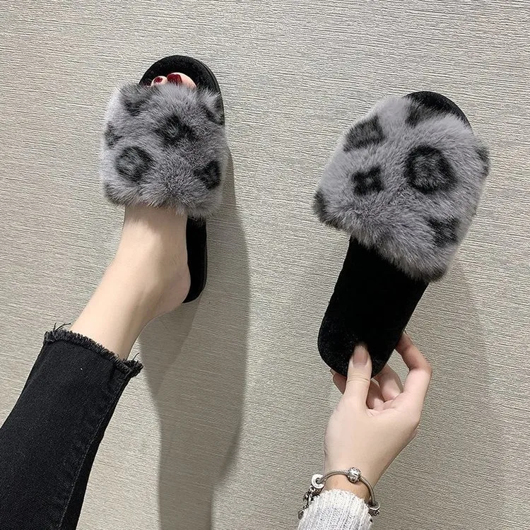 Free Shipping Fashion Korean Style Leopard Pattern Sandals Women's Bedroom Leisure Fluffy Slippers