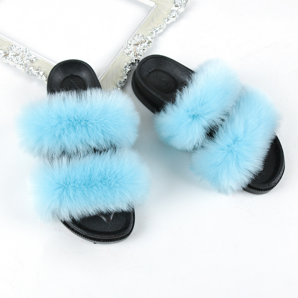 Fashion Double Strap Fur Slides Slippers, Women Indoor and Outdoor Fluffy Fur Sandals Slides