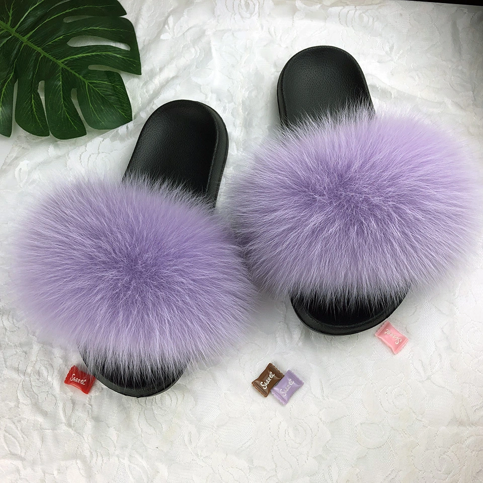 Ladies Fur Slide Sandals Slippers, Faux Fur Slides Slipper Furry Plush Slippers Women, Wholesale Fox Fur Slides Slippers
