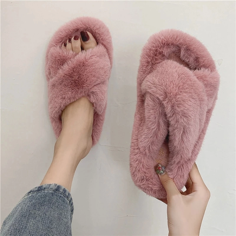 Ladies House Slippers Bunny Fur Slides, Vegan Fur Slippers Sandals with Straps Women Fur Slides