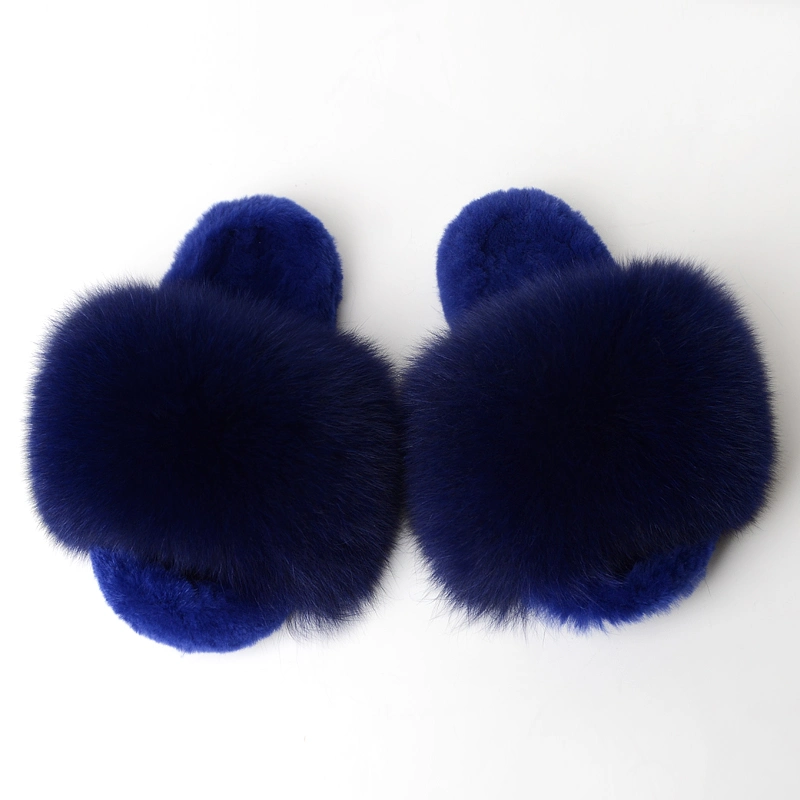 Furry Fluffy Slippers for Winter Indoor and Outdoor, Women's Fox Fur Slides Sandals Flip Flops