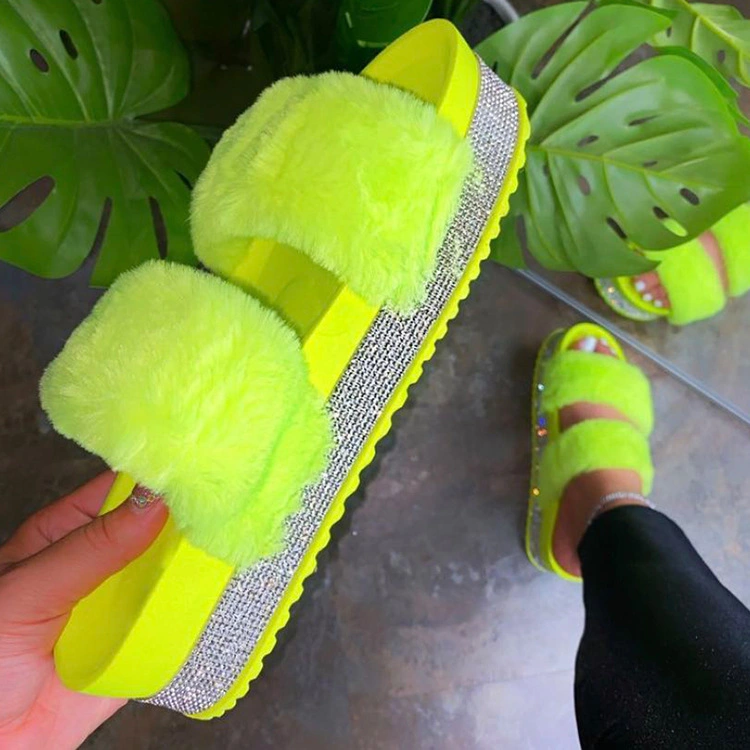 Fashion Platform Sandals Slippers for Women, Hot Sale Wholesale Fur Slippers with Rhinestone