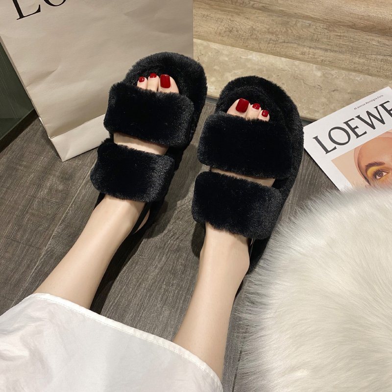 2020 Latest Ladies Fur Sandals, Women Fur Slippers Wholesale, Two Strap Furry Slippers