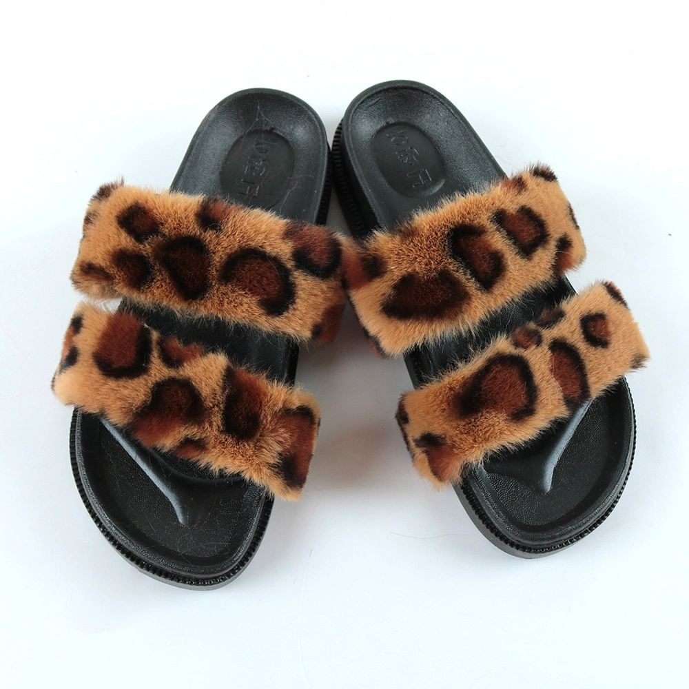 Women Wholesale Fashion Fur Slippers, Two Straps Fluffy Slides for Ladies, Women House Slippers