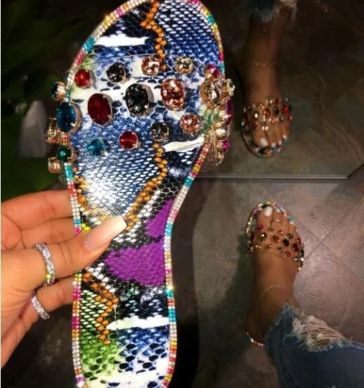 Ladies Rhinestone Slippers Womens Slides Footwear, Snake Print Diamond Glitter Sandals Slippers