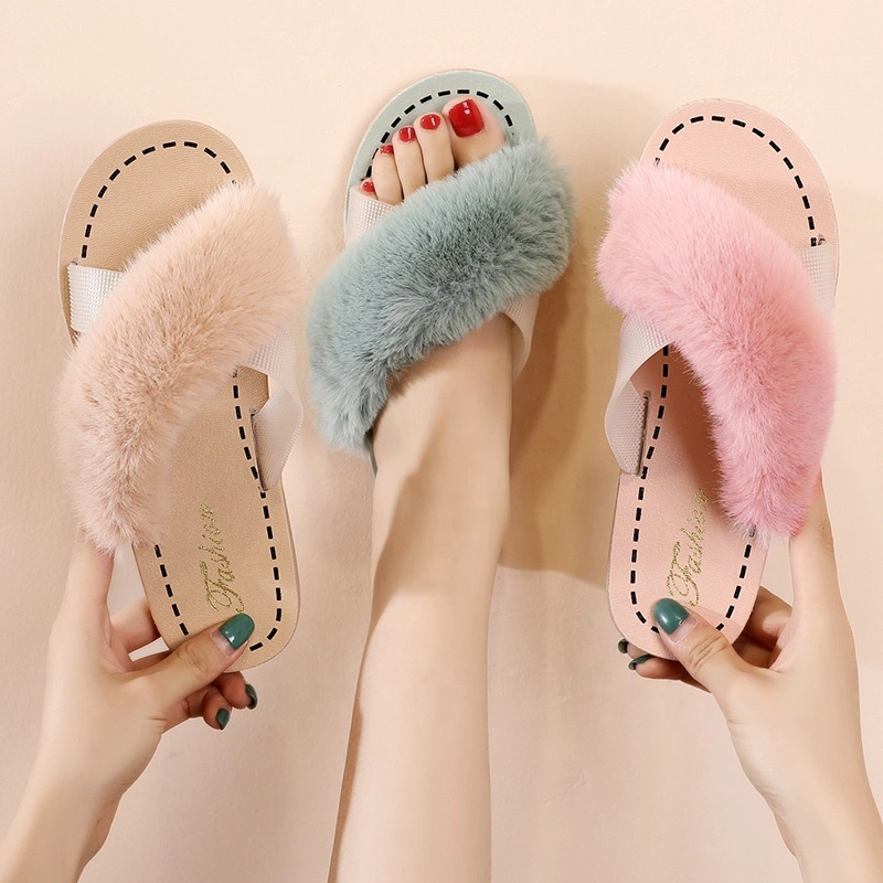 Woman Fashion Fuzzy Fluffy Fur Cross Upper Outdoor Indoor Slipper Sandals