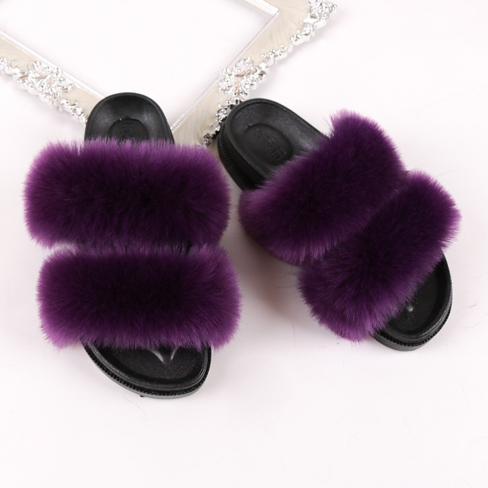 Fashion Double Strap Fur Slides Slippers, Women Indoor and Outdoor Fluffy Fur Sandals Slides