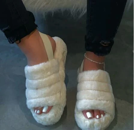 Women's Open Toe Slides Slippers Soft Fur Comfort Fuzzy Slippers Flat