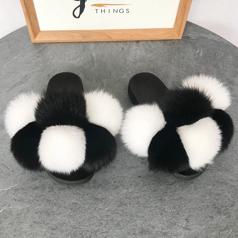 Fox Fur Ball Slippers Women, Fashion Fur Flat Slippers for Women Ladies, Wholesale Fur Slippers