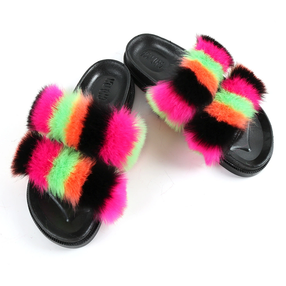 Wholesale Women Fur Slippers, 2 Straps Fur Slippers Sandals for Women Ladies