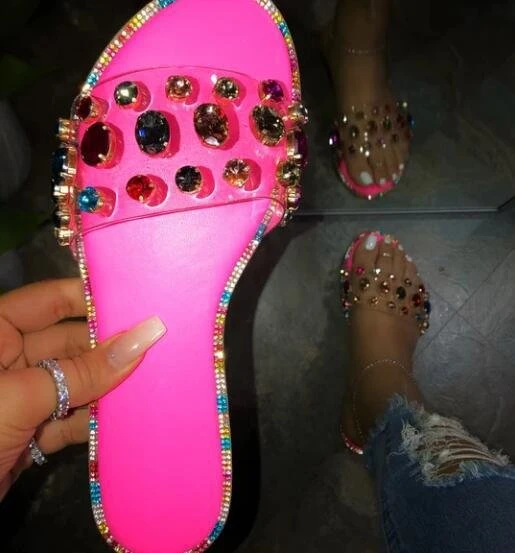 Ladies Rhinestone Slippers Womens Slides Footwear, Snake Print Diamond Glitter Sandals Slippers