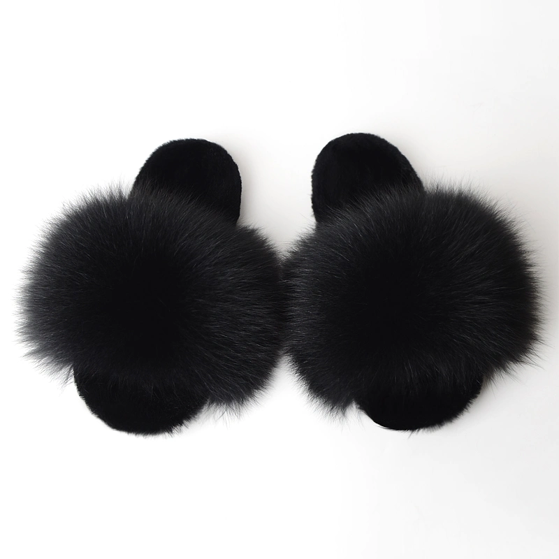 Furry Fluffy Slippers for Winter Indoor and Outdoor, Women's Fox Fur Slides Sandals Flip Flops