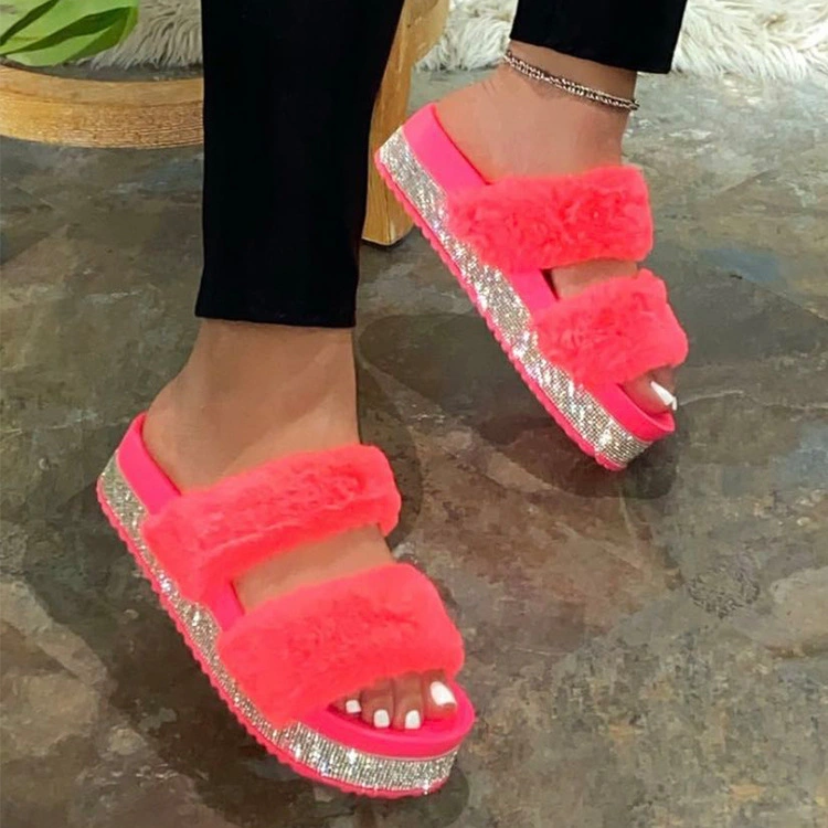 Fashion Platform Sandals Slippers for Women, Hot Sale Wholesale Fur Slippers with Rhinestone